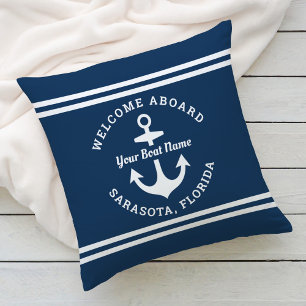 Nautic Navy Blue Willkommensschiff Name Anchor Kissen