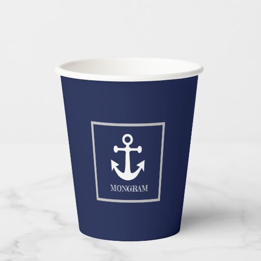 Nautic Navy Blue Willkommensschiff Name Anchor Pappbecher (Vorderseite)