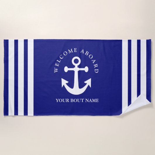 Nautic Navy Blue Willkommensschiff Name Anchor Strandtuch (Vorderseite)