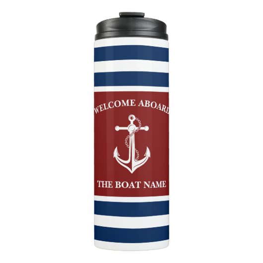 Nautic Navy Blue Willkommensschiff Name Anchor Thermosbecher (Vorderseite)