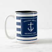 Nautic Navy Blue Willkommensschiff Name Anchor Zweifarbige Tasse (Links)