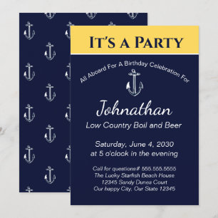 Nautic Navy Blue Yellow Anchor Geburtstagsparty Einladung