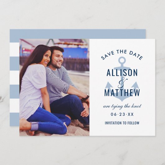 Nautic Navy Dusty Blue Anchor Wedding Foto Save The Date (Vorne/Hinten)