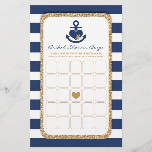 Nautic Navy & Gold Brautparty Bingo Flyer (Vorne)