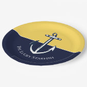 Nautic Navy Mustard Yellow Anchor Beach House Pappteller (Schrägansicht)