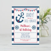 Nautic Navy & Red Anchor Boy Birthday Einladung (Stehend Vorderseite)