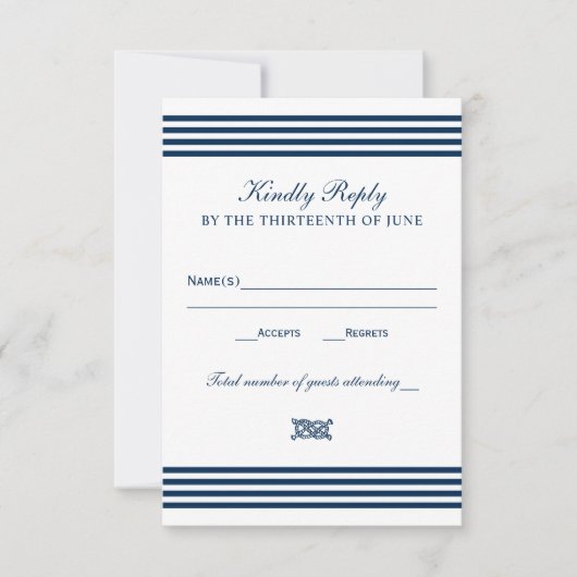 Nautic Navy Rope Knot Stripes Wedding RSVP Karte (Vorderseite)