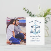 Nautic Navy Sky Blue Anchor Wedding Foto Save The Date (Stehend Vorderseite)
