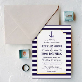 Nautic Navy & White Stripe Anchor Wedding Real F Folieneinladung