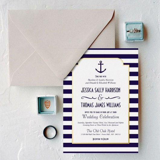 Nautic Navy & White Stripe Anchor Wedding Real F Folieneinladung