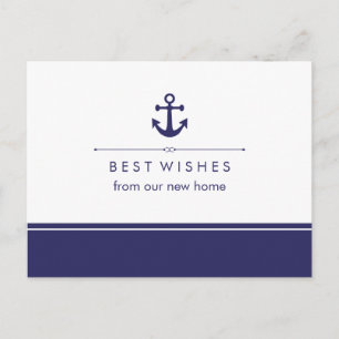Nautic New Address Navy and White with Anchor Ankündigungspostkarte