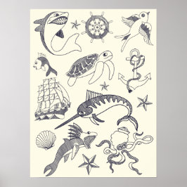 Nautic Old Sailor Tattoos Collage Poster