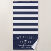 Nautic Palm Stripe Navy Monogram Strandtuch (Vorderseite)