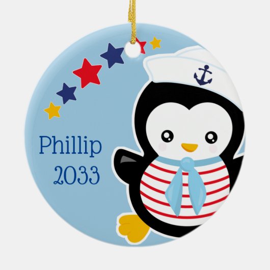 Nautic Penguin Kids Weihnachten Keramik Ornament (Hinten)
