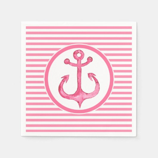 Nautic Pink Anchor Striped Paper Napkins Serviette (Vorderseite)