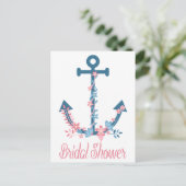Nautic Pink & Blue Brautparty Ankerblume Einladungspostkarte (Stehend Vorderseite)