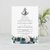 Nautic Pink Blush Blue Floral Anchor Hochzeit Einladung (Stehend Vorderseite)