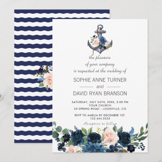 Nautic Pink Blush Blue Floral Anchor Hochzeit Einladung (Vorne/Hinten)