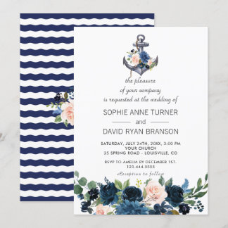 Nautic Pink Blush Blue Floral Anchor Hochzeit Einladung