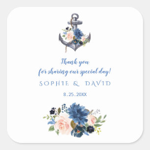 Nautic Pink Blush Blue Floral Anchor Hochzeit Quadratischer Aufkleber