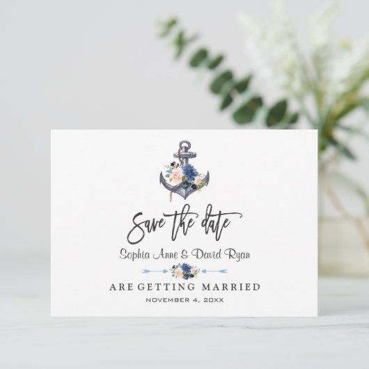 Nautic Pink Blush Blue Floral Anchor Hochzeit Save The Date (Stehend Vorderseite)