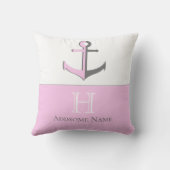 Nautic Pink Gray Anchor Coastal Mit Monogramm Kissen (Rückseite)