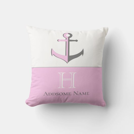Nautic Pink Gray Anchor Coastal Mit Monogramm Kissen (Vorderseite)