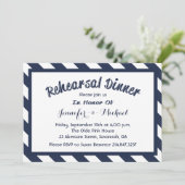 Nautic Probe Dinner Navy Blue & White Strip Einladung (Stehend Vorderseite)