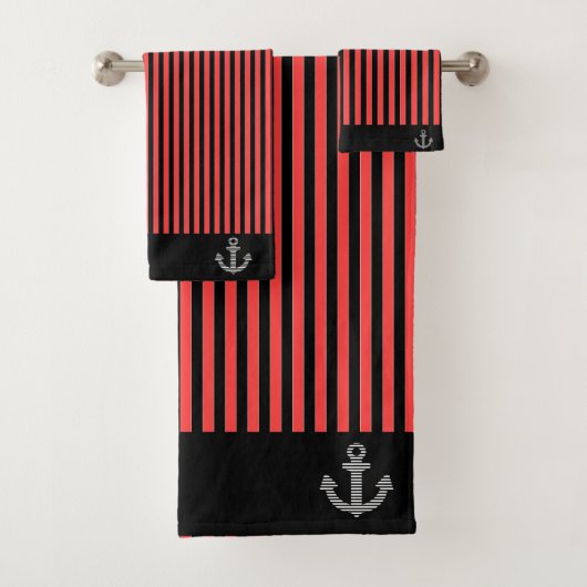 Nautic Red Black Stripe Anchor verbannt Badhandtuch Set (Insitu)