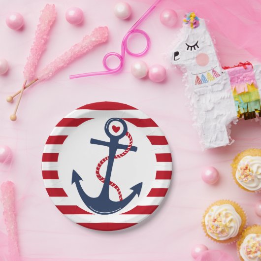 Nautic Red Blue Anchor Ocean Event Pappteller (Party)