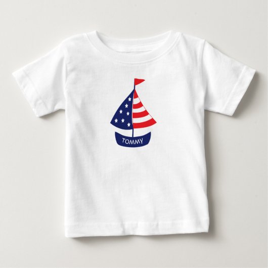 Nautic Red Blue Sailboat Personalisiert Name Baby T-shirt (Vorderseite)