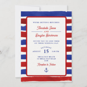 Nautic Red Blue Stripe Watercolor Wedding Einladung
