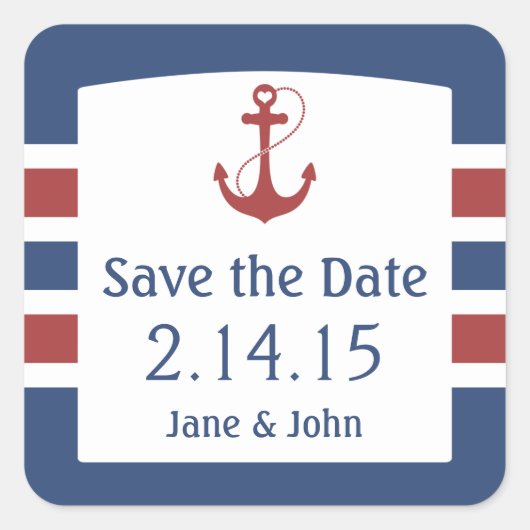 Nautic Red Heart Anchor Save the Date Quadratischer Aufkleber (Vorderseite)