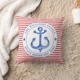 Nautic Red Striping - Family Beach House Kissen