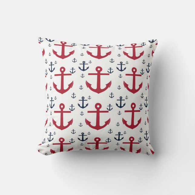 Nautic Red White and Blue Anchors Kissen (Vorderseite)