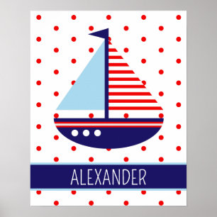 Nautic Red White and Blue Sailboat Personalisiert Poster