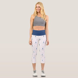Nautic Red White Blue Anchor Muster Capri Leggings