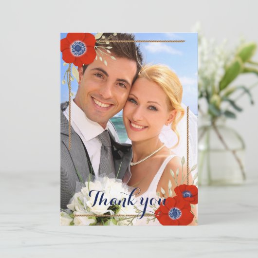 Nautic Red White Blue Anemones 📸 Foto Vielen Dank Dankeskarte (Stehend Vorderseite)