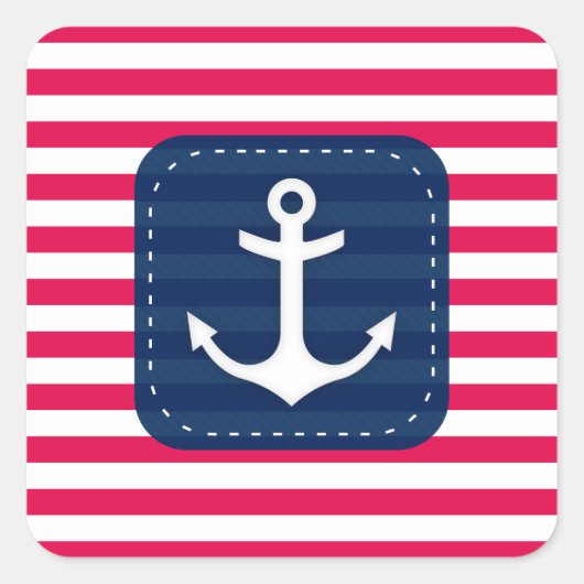 Nautic Red White Stripes Navy Blue Banner Anker Quadratischer Aufkleber (Vorderseite)