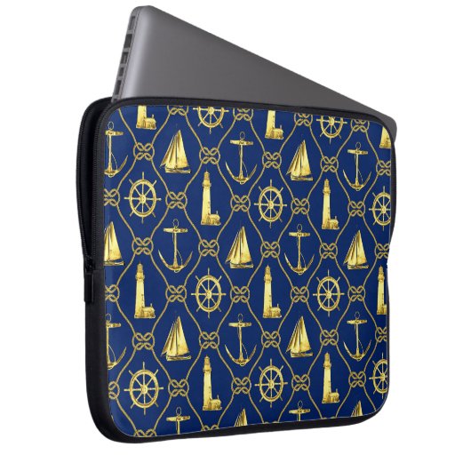 Nautic Rope Anchor Sailboat Navy Blue Gold Laptopschutzhülle (Vorne Rechts)