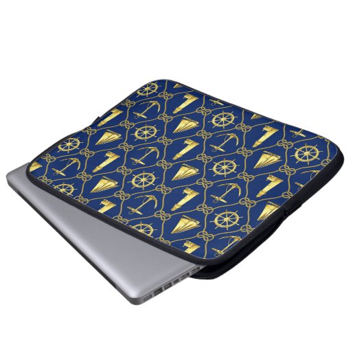 Nautic Rope Anchor Sailboat Navy Blue Gold Laptopschutzhülle (Vorne Knopf)
