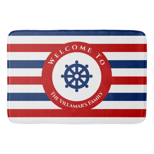 Nautic Rudder Navy Blue Red White Stripes Badematte (Vorderseite)