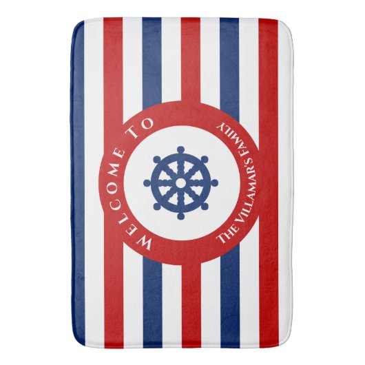 Nautic Rudder Navy Blue Red White Stripes Badematte (Vorderseite Vertikal)