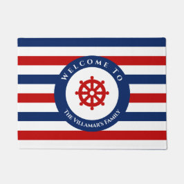 Nautic Rudder Navy Blue Red White Stripes Fußmatte