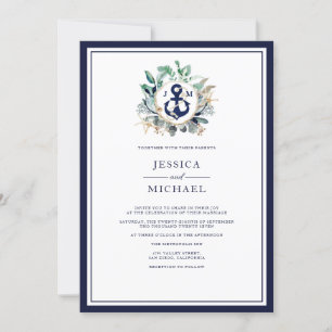 Nautic Rustic Watercolor Navy Anchor Wedding Einladung