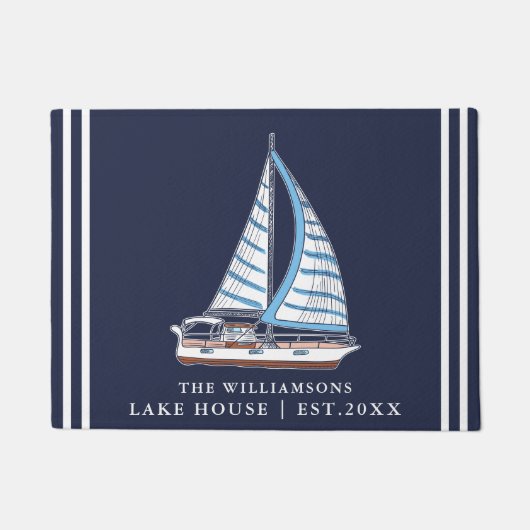 Nautic Sail Boat Navy Blue Custom Lake House Fußmatte (Vorderseite)