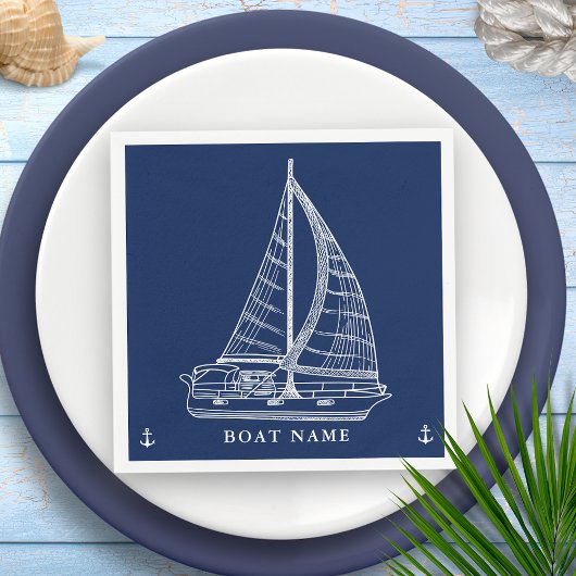 Nautic Sailboat Anchor Navy Blue White Boat Name Serviette