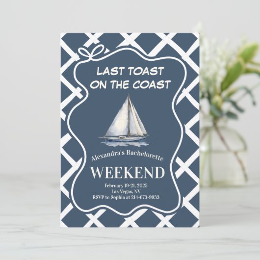 Nautic Sailboat Celebration Navy Bachelorette Einladung (Stehend Vorderseite)