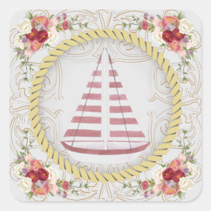 Nautic Sailboat & Floral Roseate Quadratischer Aufkleber