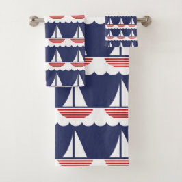 Nautic Sailboat Pattern Navy Blau und Rot Badhandtuch Set